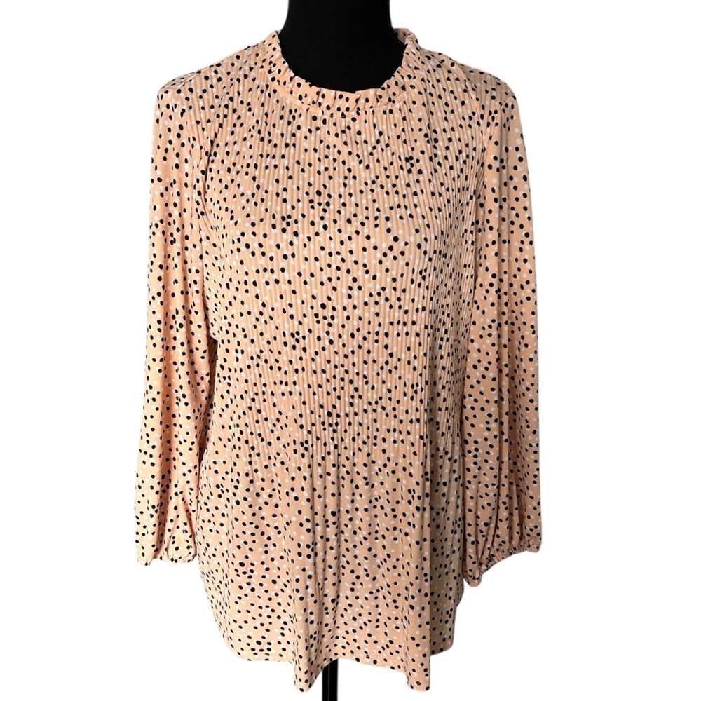 Adrianna Papell Romantic Blush Pink w/ Black Polka Dot Pleated Blouse Size XL